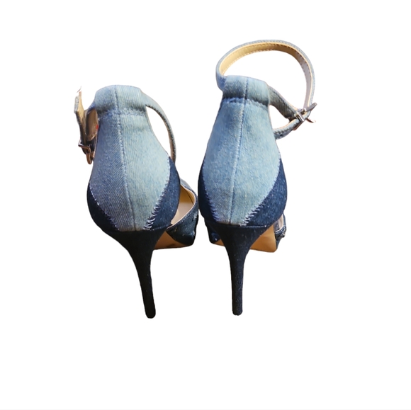 Jessica Simpson Denim Patchwork Ankle Strap Heels Sz 9 - Picture 3 of 4